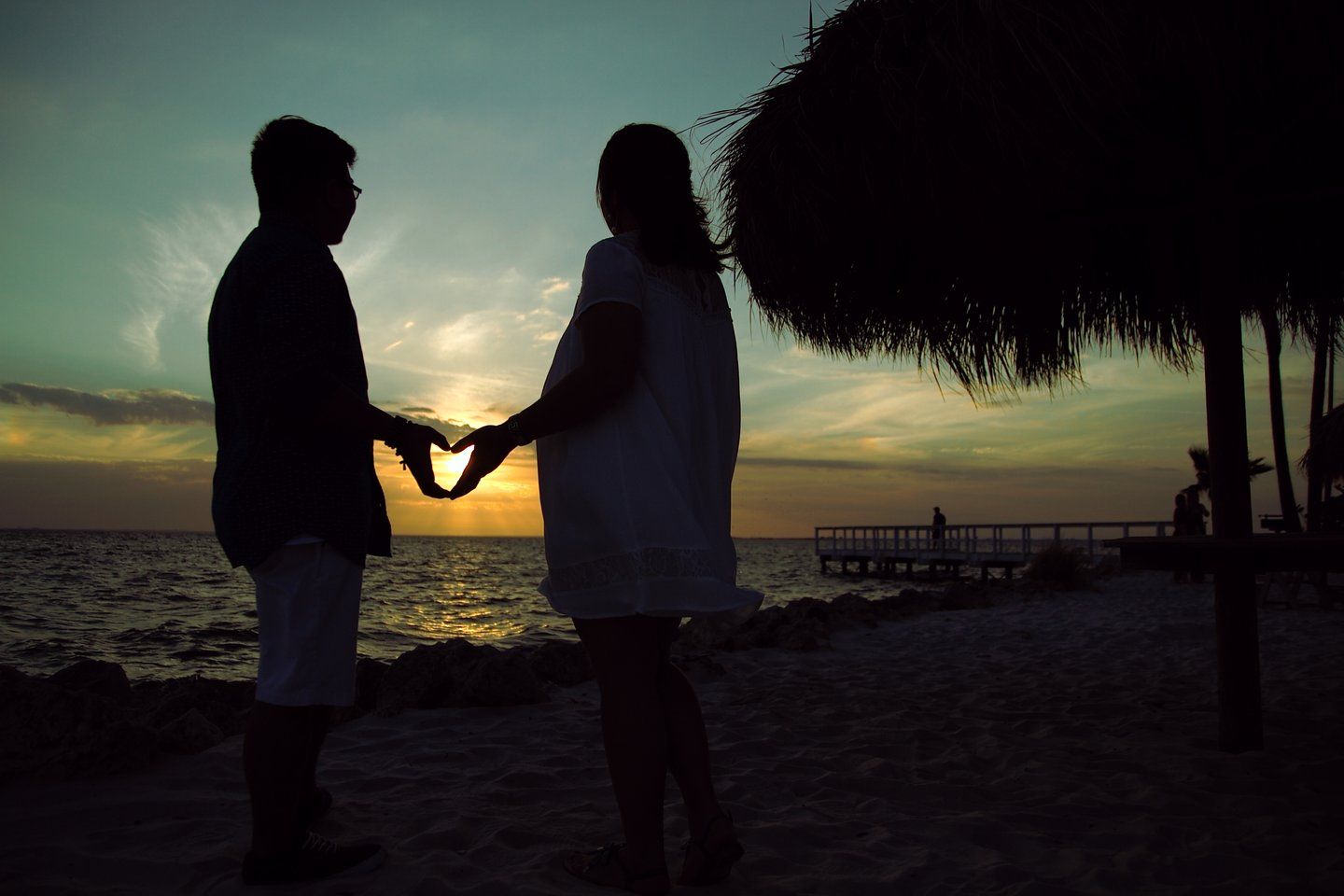 Rochelle and Nathaniel silhouetted hand in hand at sunset during their 2016 engagement